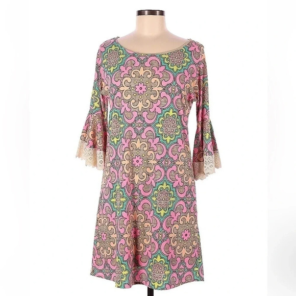 Anthropologie Judith March Pink Crochet Sleeve Hippie Boho Vibes Dress Size Med - Picture 2 of 3